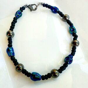 Hand Crafted Men's Blue Skull & Black Beads Bracelet